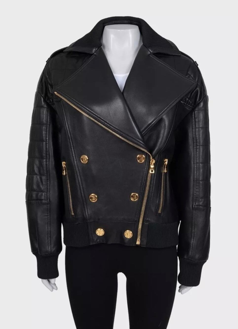 Iconic Balmain Black Lamb Leather Jacket Gold Buttons FR 36
